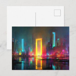 Cartão Postal Cidade Futurista com Portal Neon Radiante