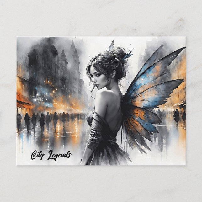 Cartão Postal Cidade mágica da noite da fada de aquarela (Frente)
