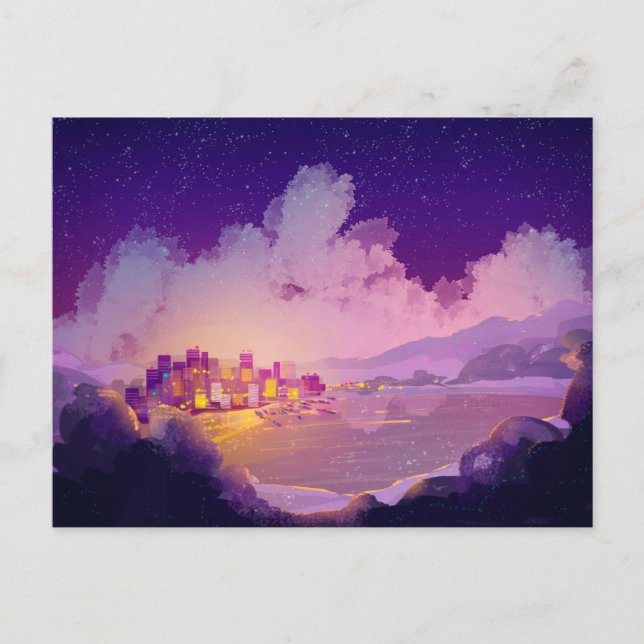 Cartão Postal Cidade noturna na costa (Frente)