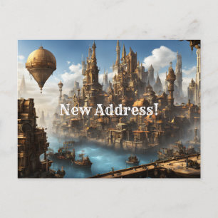 Cartão Postal Cidade Steampunk com Novo Endereço de Balão