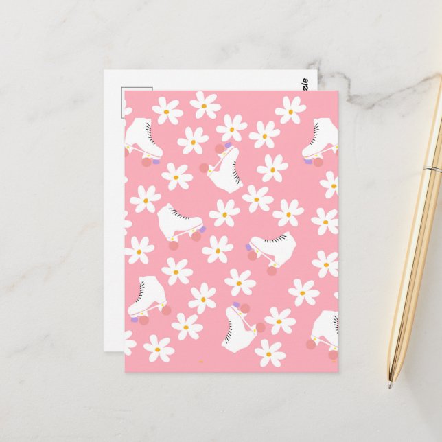 Cartão Postal Cilindro Cor-de-rosa Floral Skates Rastreamento (Frente/Verso In Situ)