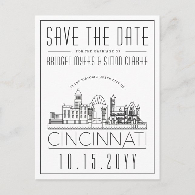 Cartão Postal Cincinnati Wedding Stylized Skyline Salvar Data (Frente)