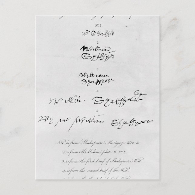 Cartão Postal Cinco autógrafos originais de William Shakespeare (Frente)