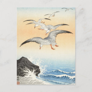 Cartão Postal Cinco gaivotas sobre o Turbulento Mar de Ohara Kos