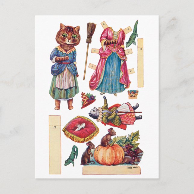 Cartão Postal Cinderela, Boneca de Papel, Louis Wain (Frente)