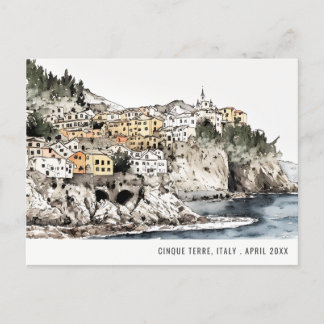 Cartão Postal Cinque Terre, Itália Aquarela Viagem Italiana