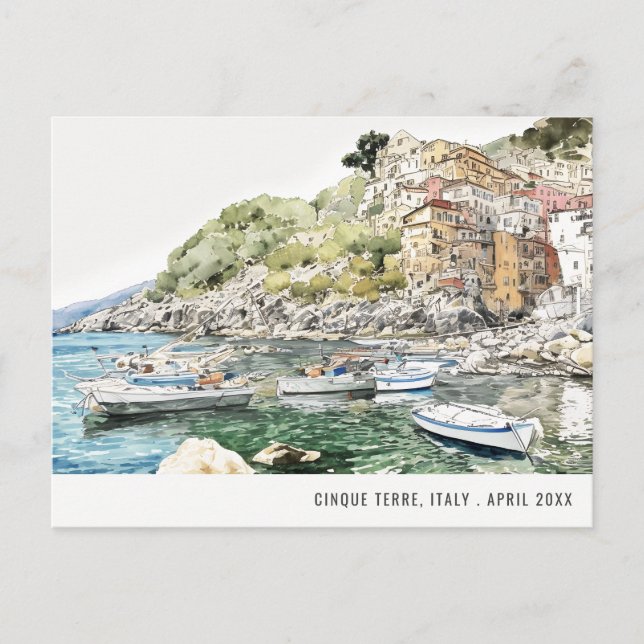 Cartão Postal Cinque Terre, Itália Aquarela Viagem Italiana (Frente)