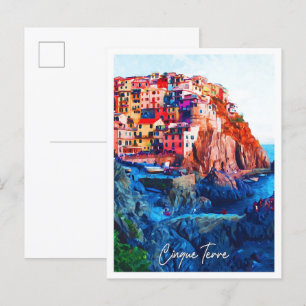 Cartão Postal Cinque Terre Itália Linda Paisagem de Aquarela
