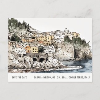 Cartão Postal Cinque Terre Italy Sea Watercolor Salvar Data
