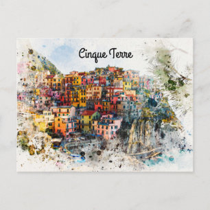 Cartão Postal Cinque Terre Ligúria Itália cena verão aquarela