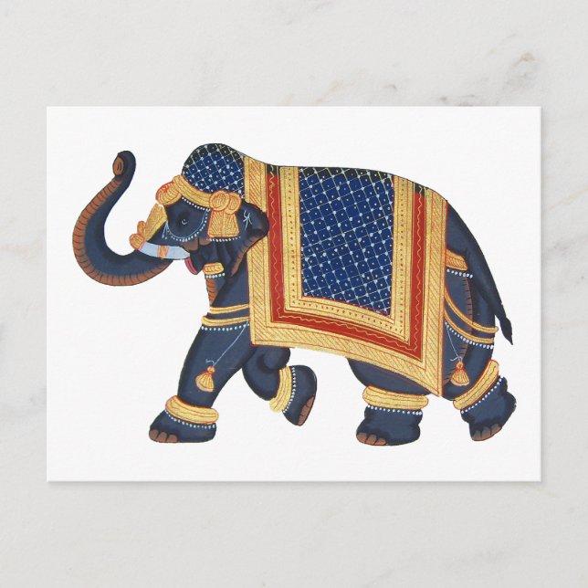 Cartão Postal cinza azul branca, ouro, elefante vermelho, Estilo (Frente)