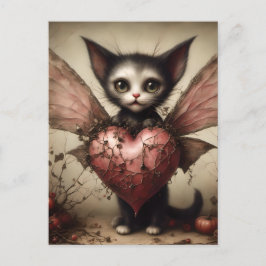 Cartão Postal Cinza Bat Cat Fairy com Coração Rosa