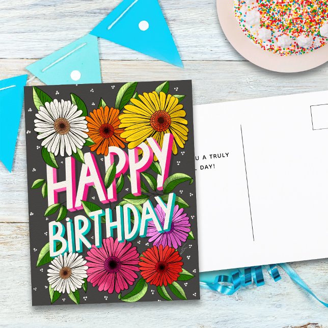 Cartão Postal Cinza Carvão Floral Personalizado Feliz Aniversári (Criador carregado)