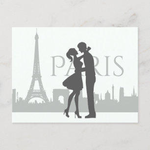 Cartão Postal Cinza de Casal de Torre Eiffel em Paris, Branco
