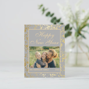 Cartão Postal Cinza de Fotografia de Ano Novo com Brilho Dourado