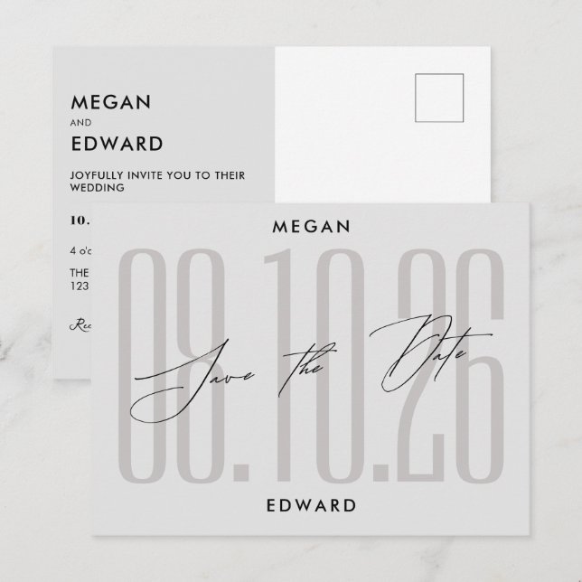 Cartão Postal Cinza do casamento moderno (Frente/Verso)