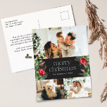 Cartão Postal Cinza Escura Elegante Feliz Natal 3 Feriado Fotogr<br><div class="desc">Esta coleção apresenta florais vermelhos de aquarela,  bagas e verde de inverno com tipografia moderna e elegante,  com padrão botânico de inverno.</div>