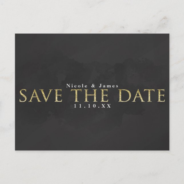 Cartão Postal Cinza Escuro & Dourado SAVE THE DATE Noivado Casam (Frente)