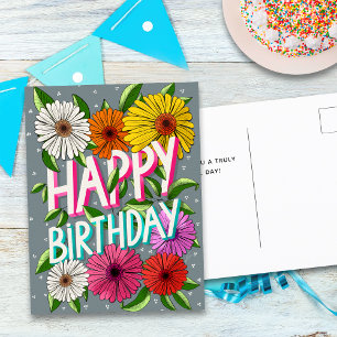 Cartão Postal Cinza Floral Colorido Personalizado Feliz Aniversá