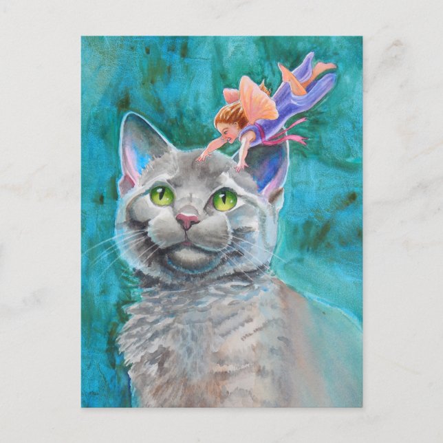 Cartão Postal Cinza Gato com Fada (Frente)