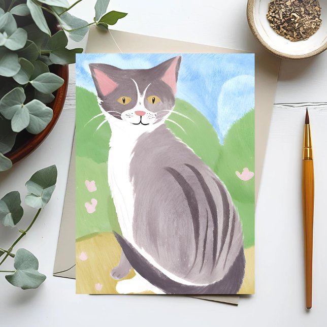 Cartão Postal Cinza Tabby Cat | Pintura de Aquarela (Criador carregado)