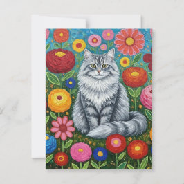 Cartão Postal Cinzas Fluffy Striped Cat com Flores de Arte Folcl