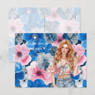 Cartão Postal Cinzela Azul Cor-de-rosa Floral Red Hair Girl
