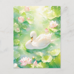 Cartão Postal Cisne Branco Elegante em Lagoa de Lótus Luminoso
