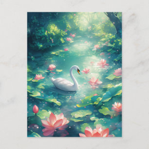 Cartão Postal Cisne Branco Elegante em Lagoa de Lótus Rosa
