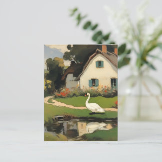 Cartão Postal Cisne Branco em frente a uma Cottage