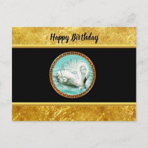 Cartão Postal Cisne na água de turquesa com ouro e design preto