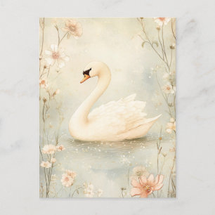 Cartão Postal Cisne Whimsical com Ilustração de Flores