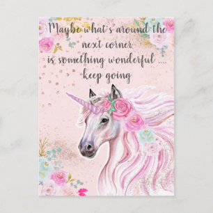 Cartão Postal Citação de Brilho Dourado Floral Rosa Teal Unicórn