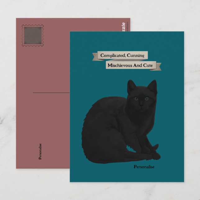Cartão Postal Citação Misteriosa de Gato Preto Rosa Teal Pessoal (Frente/Verso)