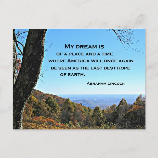 Cartão Postal Citação sobre a América por Abraham Lincoln (Frente)