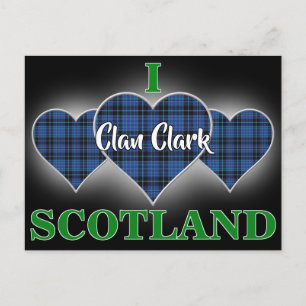 Cartão Postal Clan Clark I Love Scotland Tartan Heart