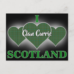 Cartão Postal Clan Currie I Love Scotland Tartan Heart
