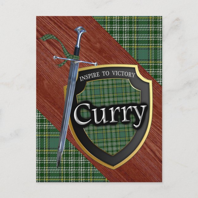 Cartão Postal Clan Curry Currie Tartan Sword & Shield (Frente)