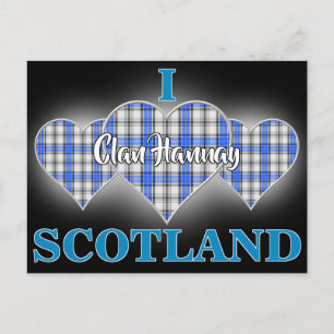 Cartão Postal Clan Hannay I Love Scotland Tartan Heart