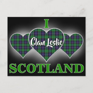 Cartão Postal Clan Leslie I Love Scotland Hunting Tartan Heart