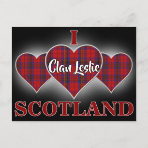 Cartão Postal Clan Leslie I Love Scotland Red Tartan Heart