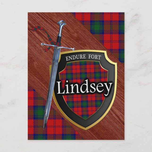 Cartão Postal Clan Lindsey Tartan Sword & Shield (Frente)