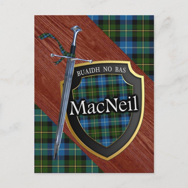Cartão Postal Clan MacNeil Tartan Sword & Shield (Frente)