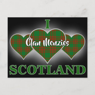 Cartão Postal Clan Menzies I Love Scotland Red and Green Tartan