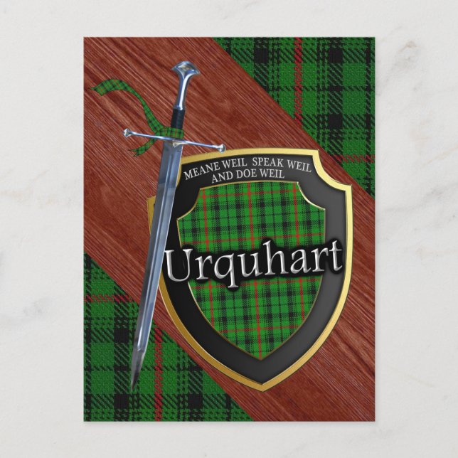 Cartão Postal Clan Urquhart Tartan Sword & Shield (Frente)