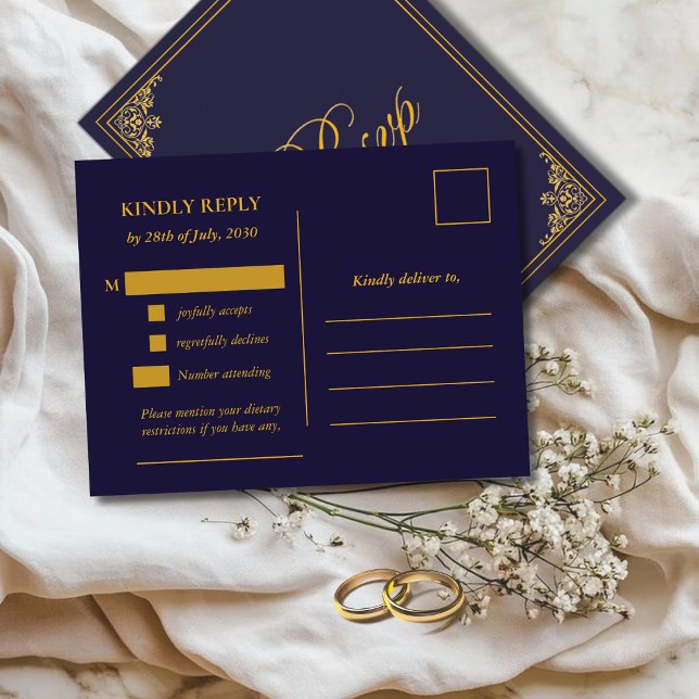 Cartão Postal Classic Gold Frame Wedding RSVP Postcard (Criador carregado)