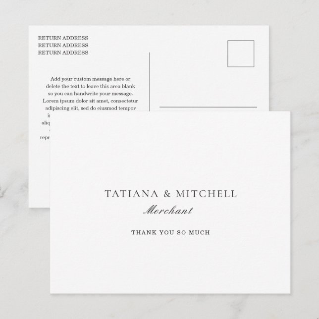 Cartão Postal Clássico Agradecimento de Casamento Preto e Branco (Frente/Verso)