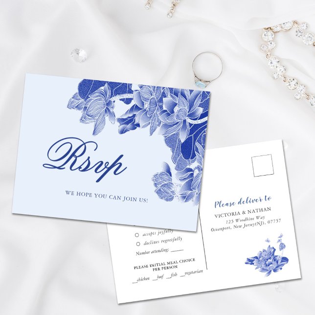 Cartão Postal Clássico Blue Chinoiserie Floral Weding RSVP (Criador carregado)