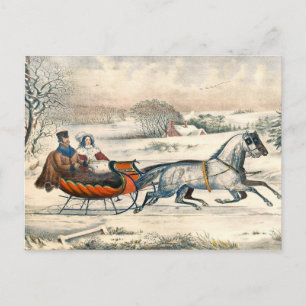 Cartão Postal Clássico Passeio de Trenó de 1853 Currier Ives Est