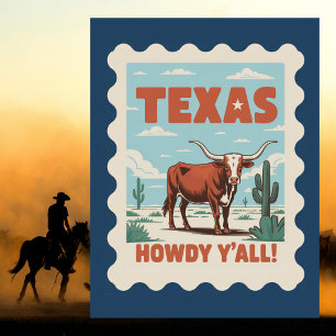 Cartão Postal Clássico Texano Antigo Cowboy Longhorn